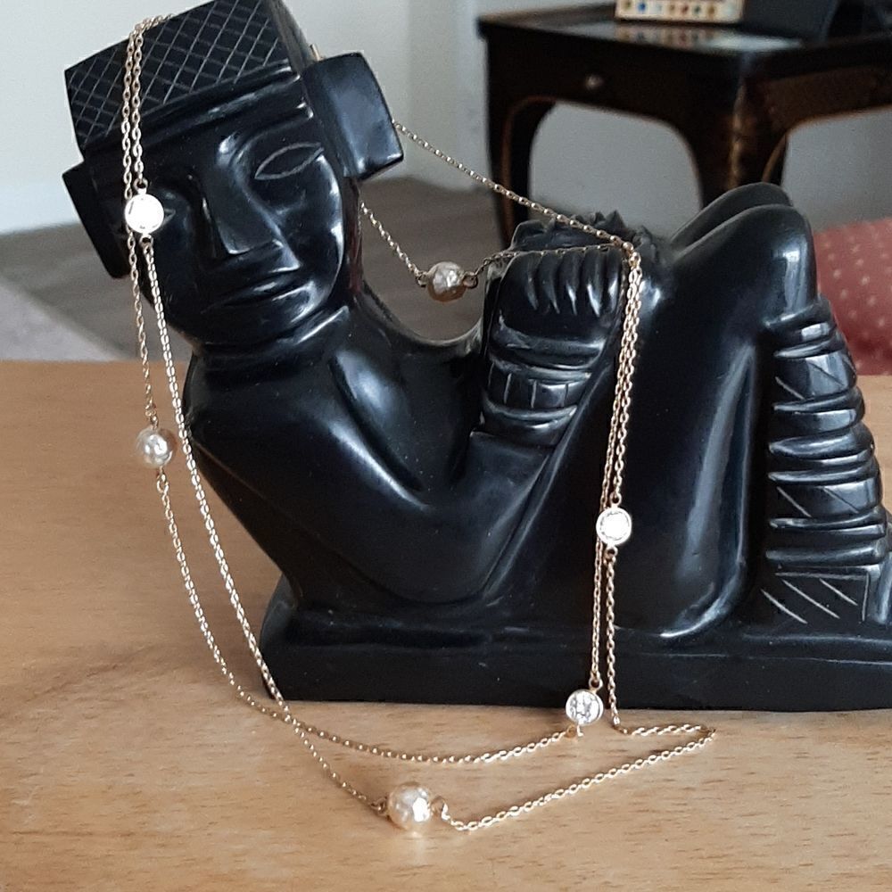 Vintage long gold necklace with faux pearls and crystals